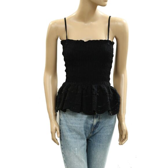 Damson Madder Martina Cami Tank Top Smocked Broderie Cutout Black S-6 New 284778 - Picture 5 of 9